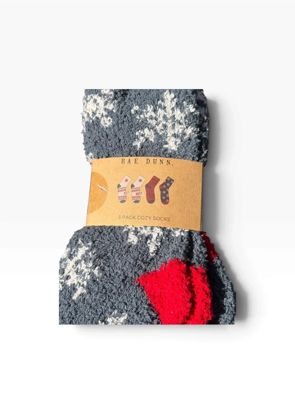 Rae Dunn ‘Hello Winter’ Gray & Red Snowflake Fuzzy 3 Pack Socks
